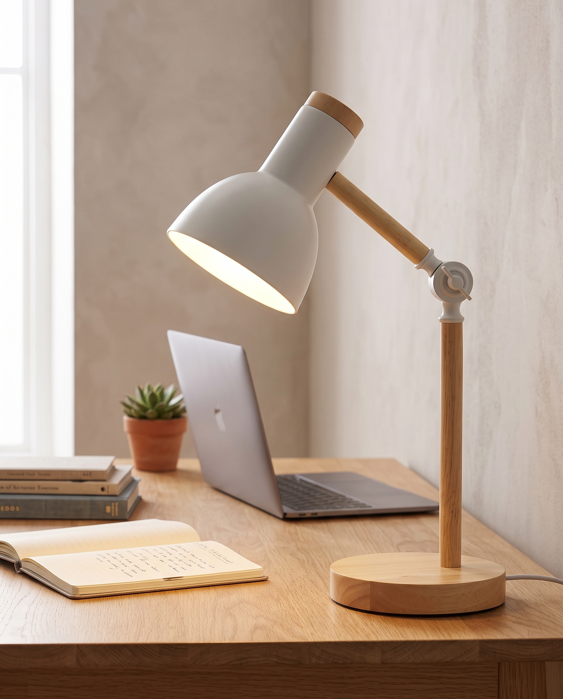 Adjustable Desk Lamp Wood and Metal 45 cm | E27 LED Bulb Included | Directional Reading Light for Study and Bedside