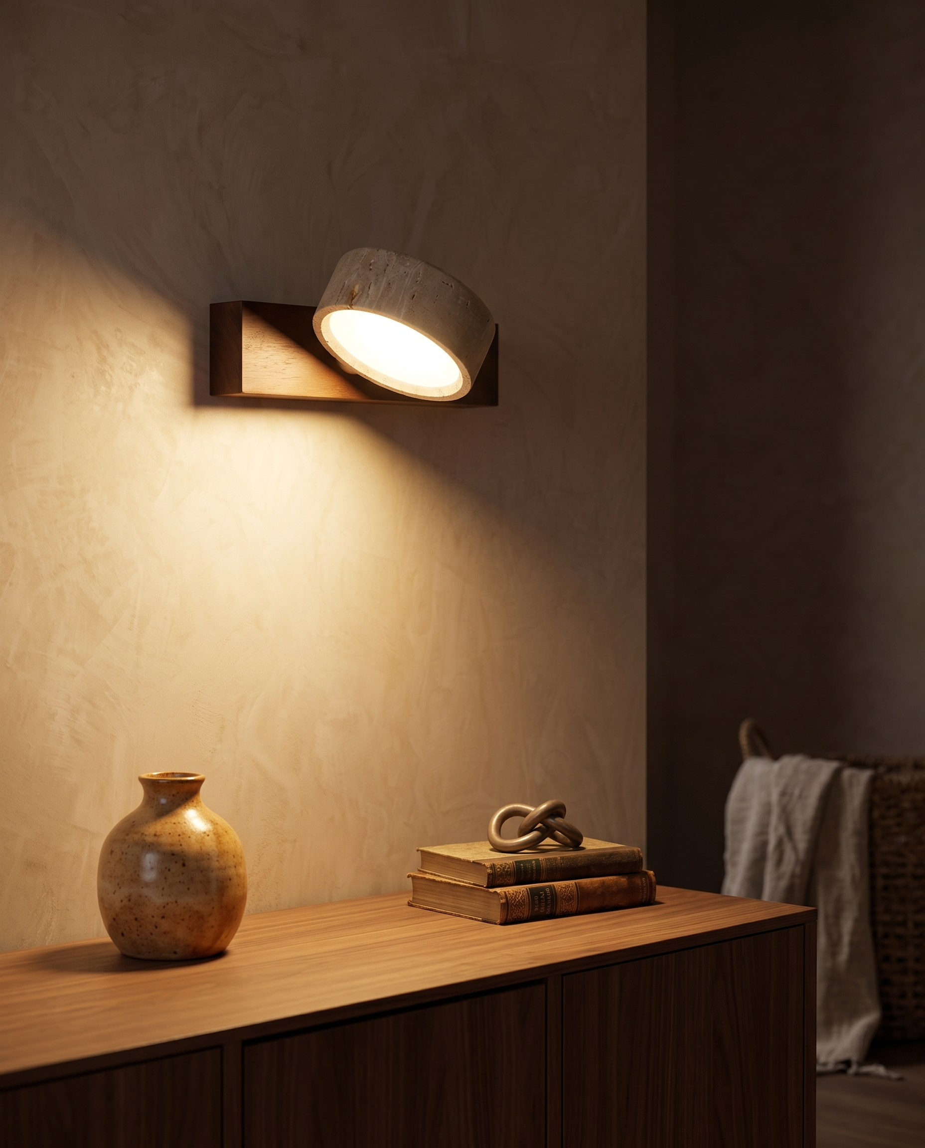 Travertine Wall Light Adjustable Head | Genuine Travertine Stone, Pull Chain | 180 Degree Hardwired Bedside Reading Lamp
