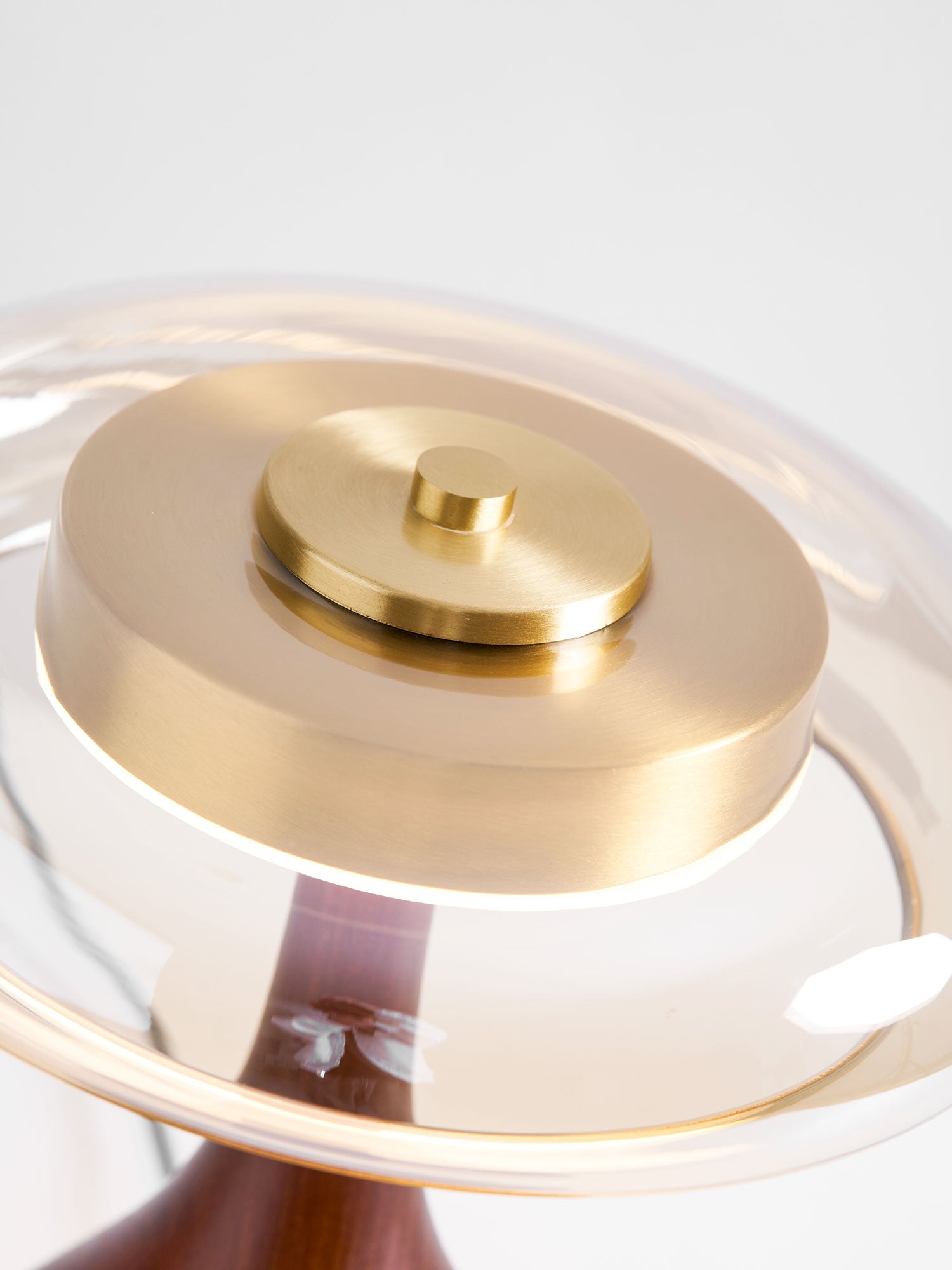 Amber Glass Table Lamp [25/32] cm | Walnut Tone Curved Base | Warm White Integrated LED, Plug In with Switch, Japandi