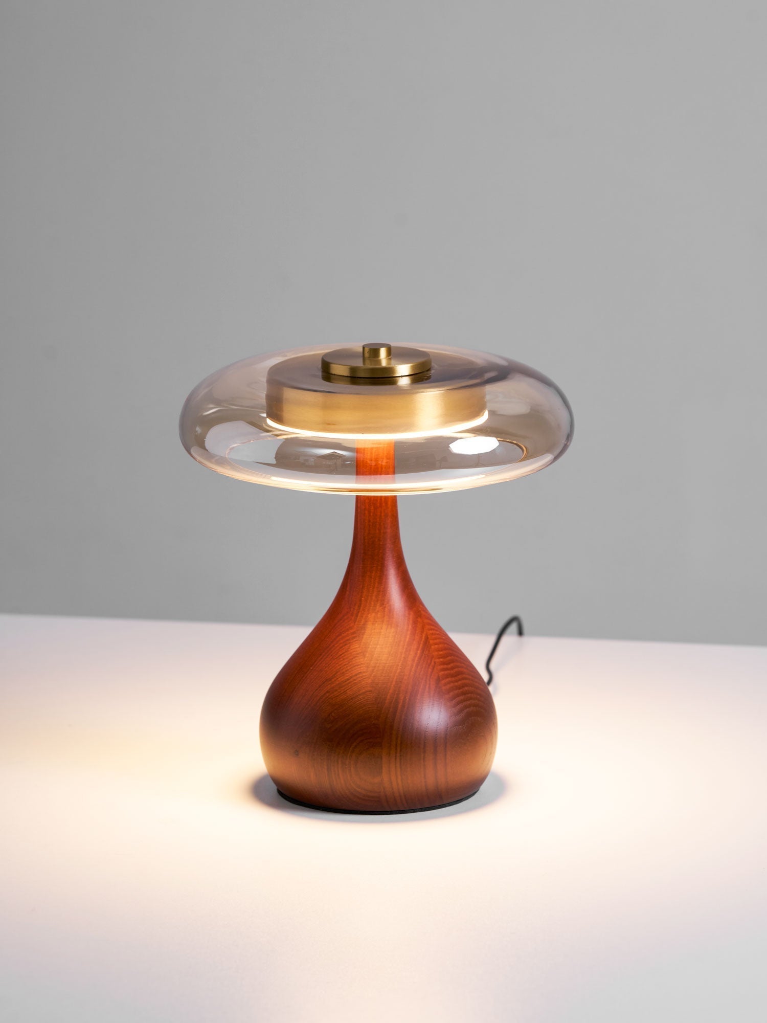 Amber Glass Table Lamp [25/32] cm | Walnut Tone Curved Base | Warm White Integrated LED, Plug In with Switch, Japandi