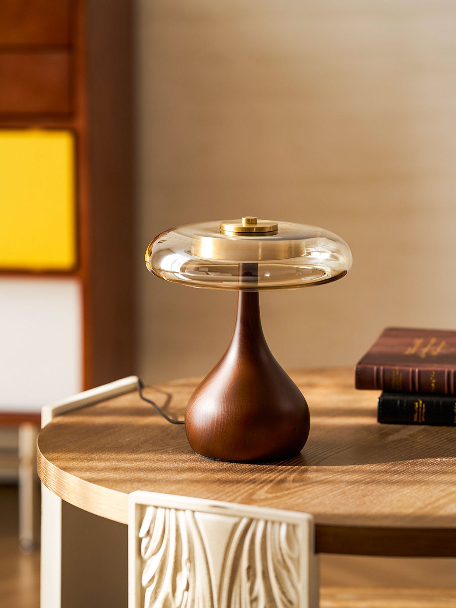 Amber Glass Table Lamp [25/32] cm | Walnut Tone Curved Base | Warm White Integrated LED, Plug In with Switch, Japandi