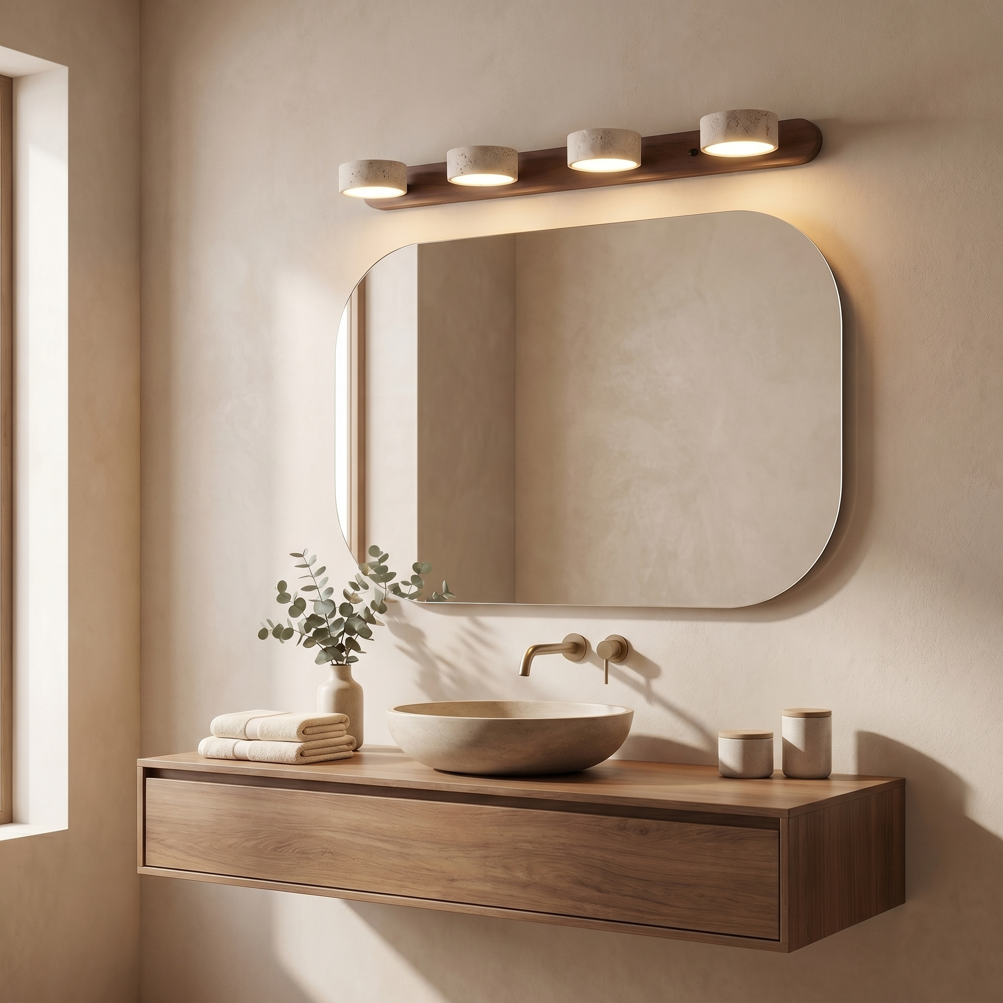 Travertine Wall Light [2/3/4] Ring Design | Stone and Wood Tones | Integrated LED Hardwired Lamp, Indoor