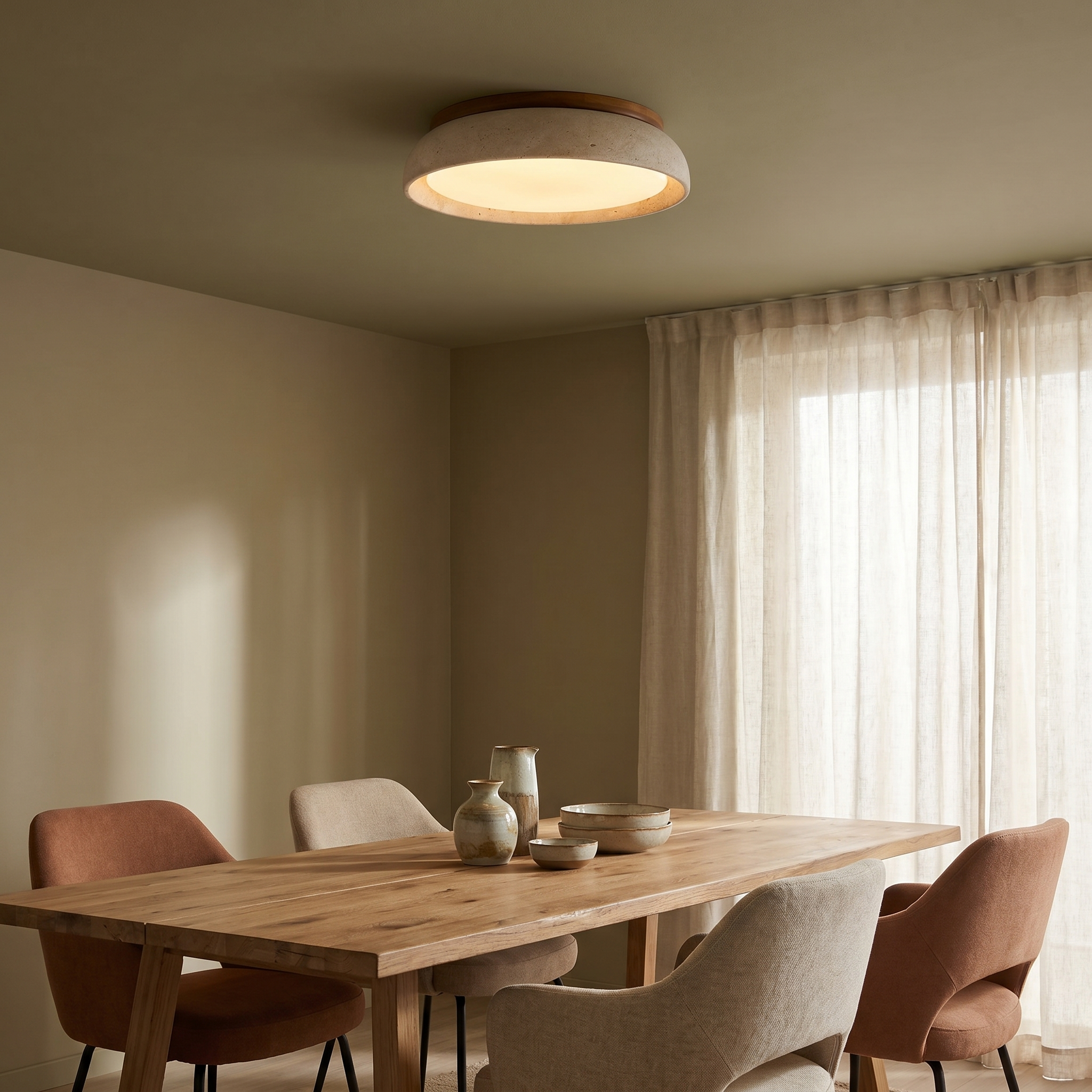 Travertine Ceiling Light Ø[30/43/55] cm | Genuine Stone and Wood | Integrated LED Warm White, Japandi Flush Lamp