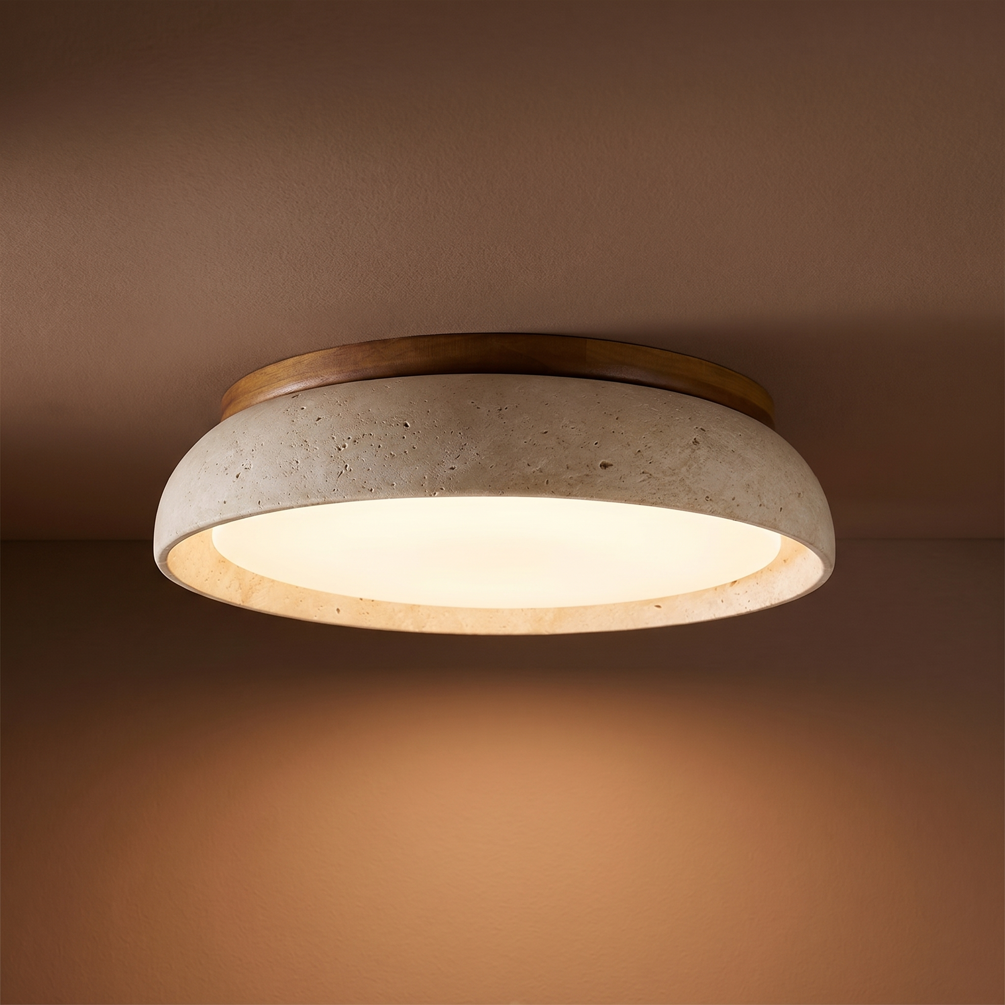 Travertine Ceiling Light Ø[30/43/55] cm | Genuine Stone and Wood | Integrated LED Warm White, Japandi Flush Lamp
