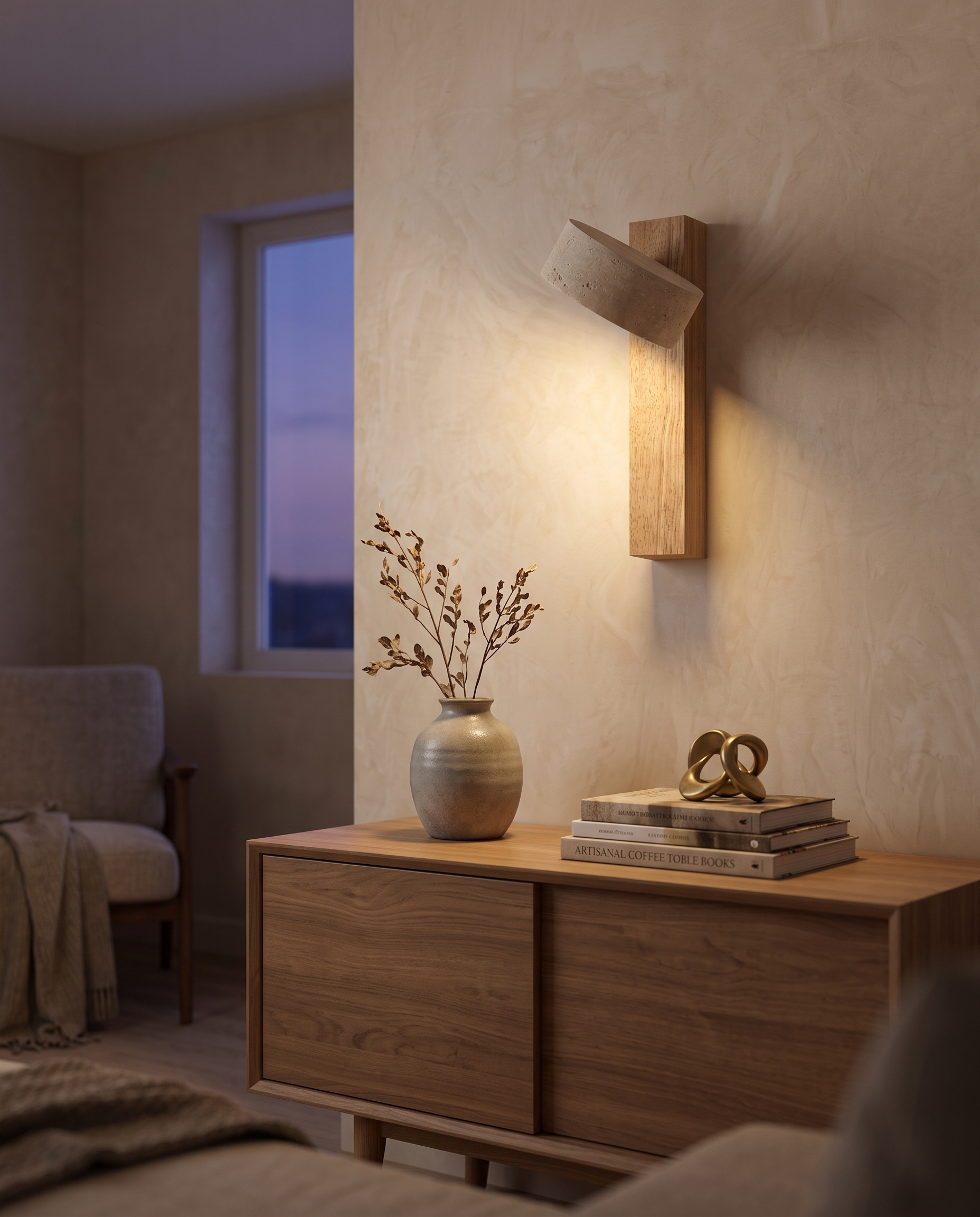 Travertine Wall Light Adjustable Head | Genuine Travertine Stone, Pull Chain | 180 Degree Hardwired Bedside Reading Lamp
