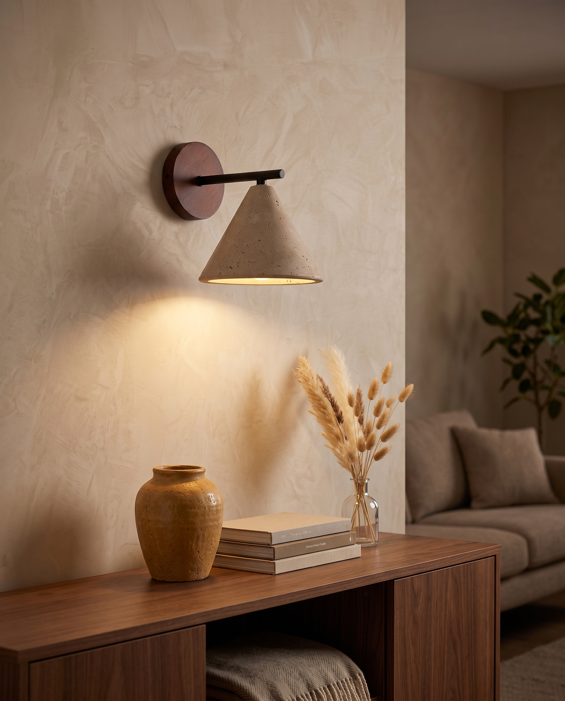 Travertine Cone Wall Light | Genuine Travertine Stone, Up Down Glow | E27 Hardwired Sculptural Lamp, Wabi Sabi Design